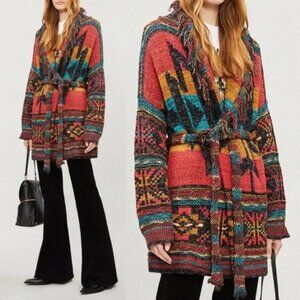 Free People Wild Wild West Southwest Aztec Tribal Belted Fringe Shawl Cardigan
